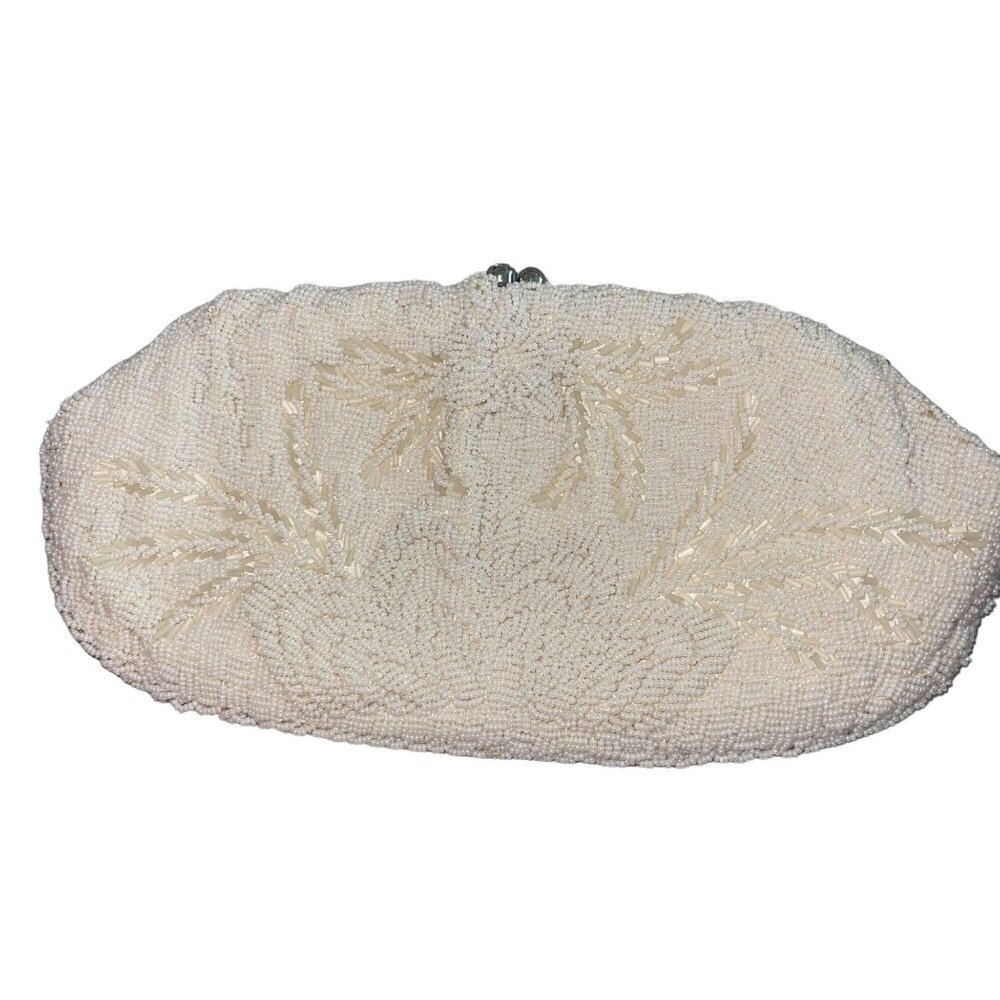 Creations By Harilelas Vintage Womens Clutch Bag Cream Heavily Beaded Purse